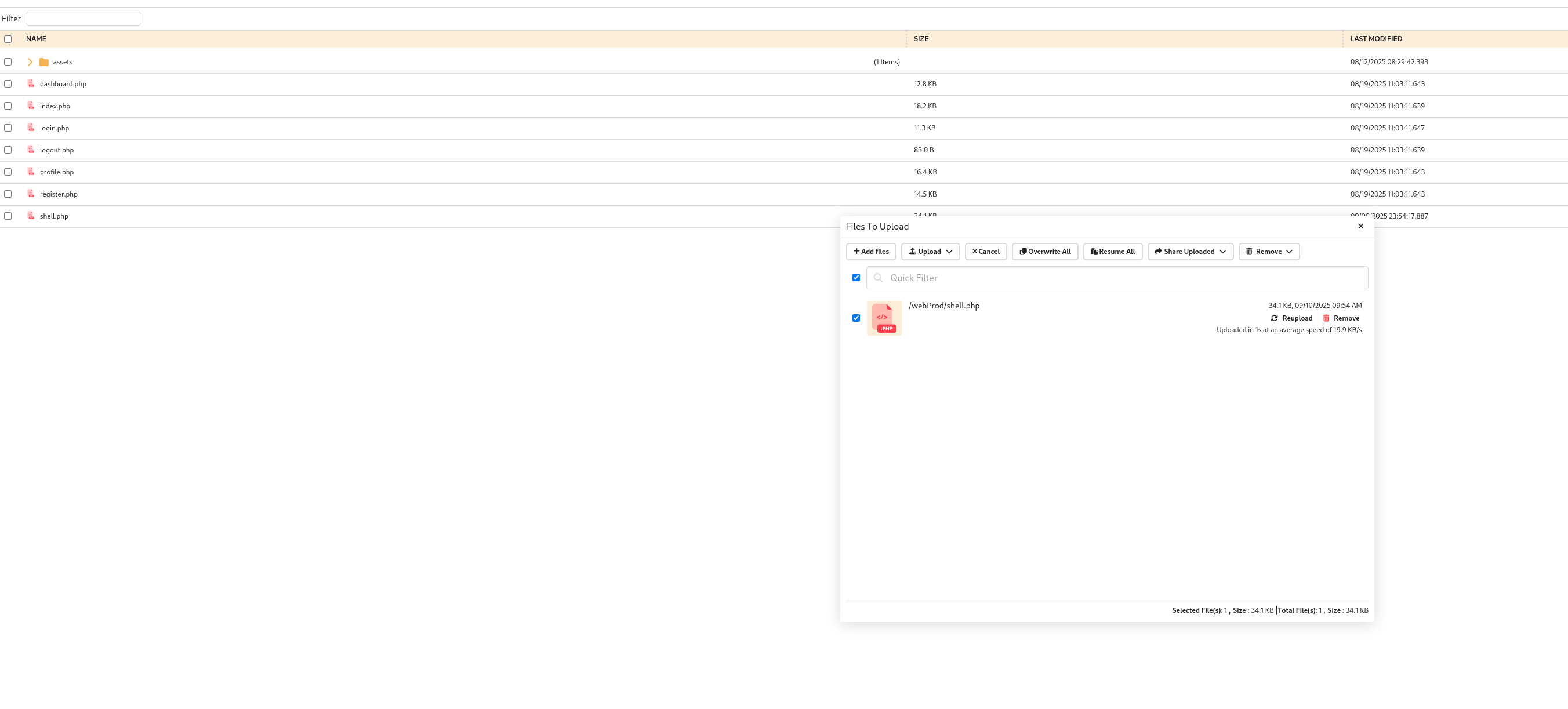 Uploading shell.php to webProd directory